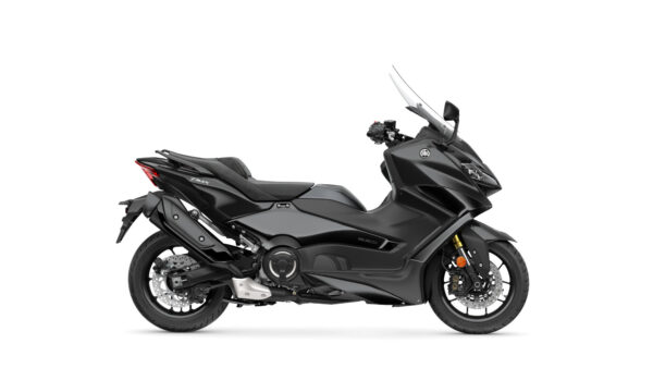 A sleek black Yamaha Tmax scooter, featuring modern design elements, a large windshield, and dual exhausts, positioned against a white background.