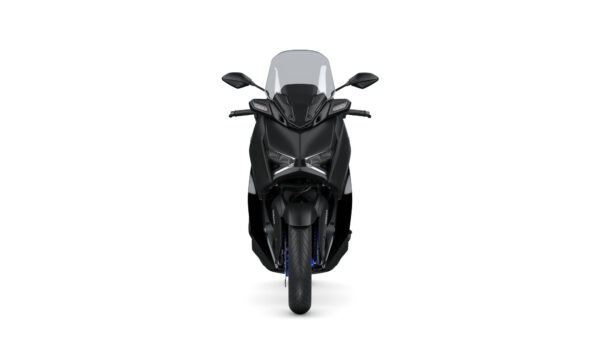 Front view of a sleek, black motorcycle with a windshield and prominent headlights, set against a white background.