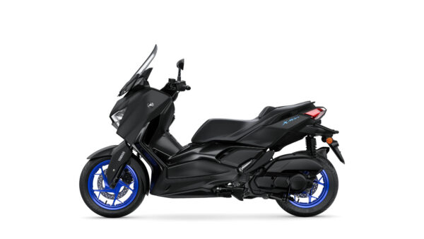 A sleek black scooter with blue wheels and a transparent windscreen, showcasing a modern design with streamlined bodywork and ergonomic seating.