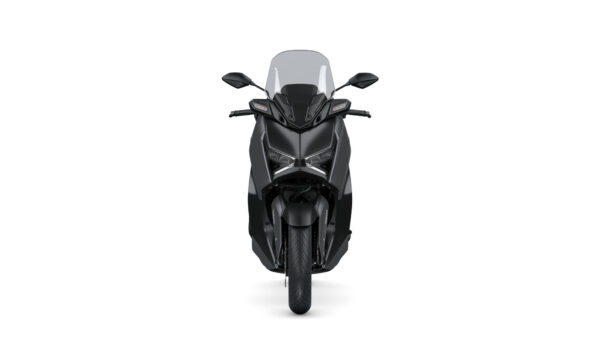 A sleek black scooter viewed from the front, featuring a large windscreen, angular headlights, and a smooth front tire.
