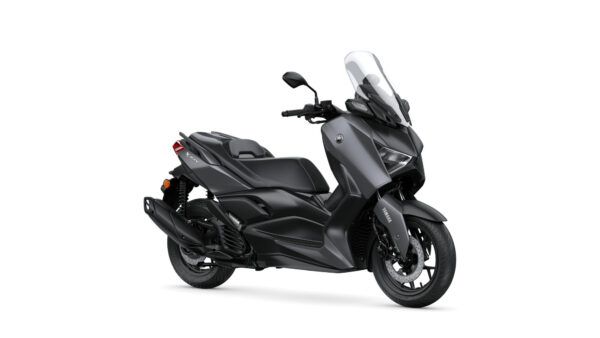 Yamaha 2024 XMAX 300 A sleek black Yamaha XMAX scooter is shown at a slight angle, showcasing its modern design, large windscreen, and comfortable seating. The bike features sporty lines, a prominent front headlight, and a robust rear wheel.