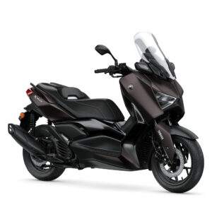 Yamaha 2024 XMAX 125 Tech MAX A sleek, dark brown Yamaha XMAX scooter with a large windshield, featured from a side angle on a plain white background.