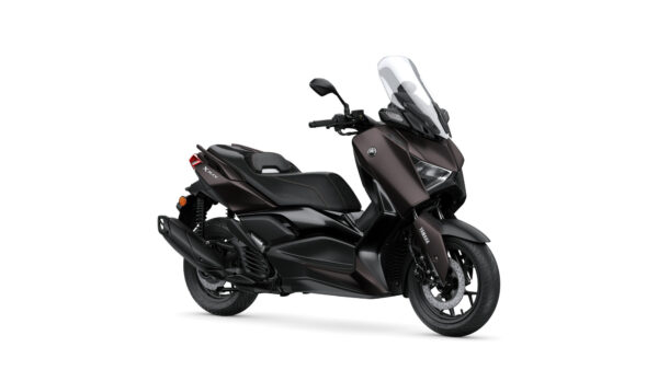 Yamaha 2024 XMAX 125 Tech MAX A sleek, dark brown Yamaha XMAX scooter with a large windshield, featured from a side angle on a plain white background.