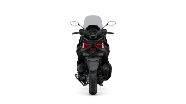 A rear view of a sleek black motorcycle with distinctive taillights, mirrors, and a windshield, set against a white background.