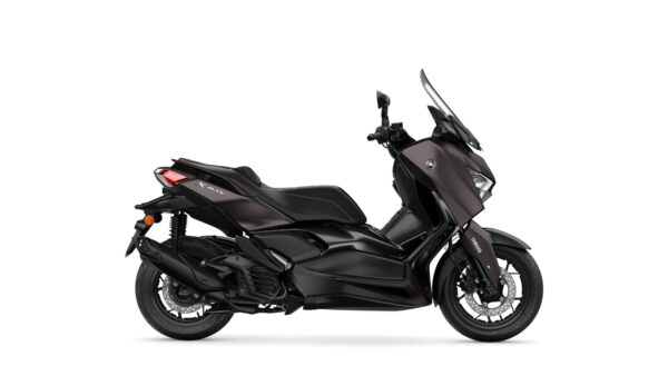 A sleek black Yamaha XMAX scooter displayed from the side, featuring a modern design, prominent windscreen, and sporty lines.