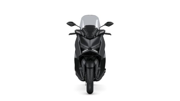 Front view of a sleek black motorcycle, featuring a modern design with angular headlights, a large windshield, and prominent handlebars.