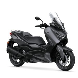 Yamaha 2024 XMAX 300 A sleek black Yamaha XMAX scooter with a modern design, featuring a large windshield, comfortable seating, and prominent wheels, set against a white background.