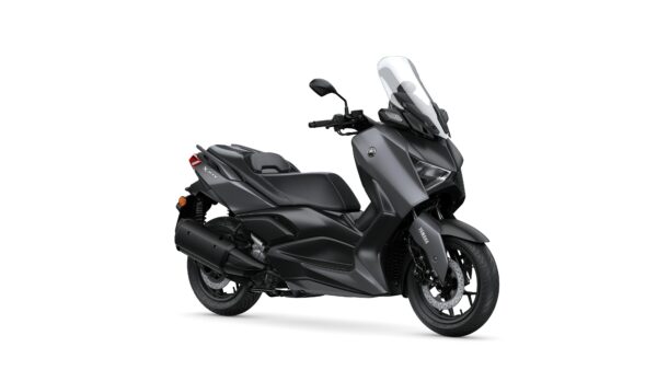 Yamaha 2024 XMAX 300 A sleek black Yamaha XMAX scooter with a modern design, featuring a large windshield, comfortable seating, and prominent wheels, set against a white background.
