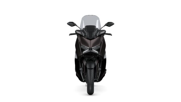 Front view of a sleek, modern black scooter with a transparent windshield and sharp LED headlights, positioned on a plain white background.