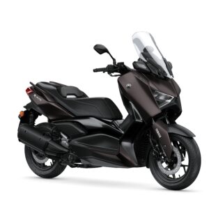 Yamaha 2024 XMAX 300 Tech MAX A sleek black Yamaha X-Max scooter, angled to showcase its modern design, windscreen, and stylish seat.