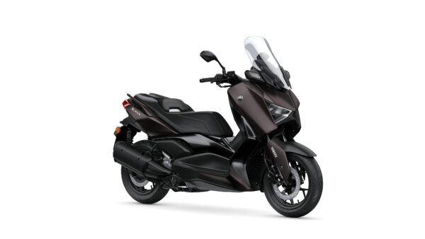 Yamaha 2024 XMAX 300 Tech MAX A sleek black Yamaha X-Max scooter, angled to showcase its modern design, windscreen, and stylish seat.