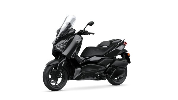 A black Yamaha scooter with a sleek design, featuring a windscreen, comfortable seating, and stylish bodywork, positioned at a slight angle against a white background.