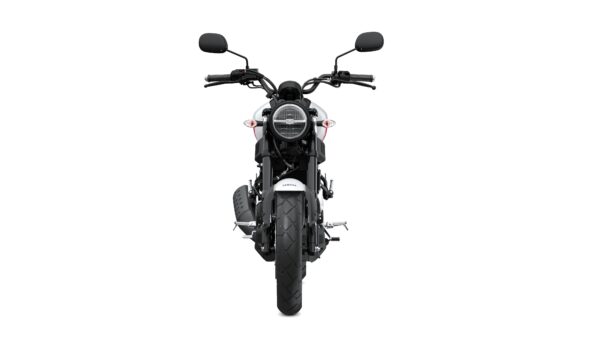 Front view of a black motorcycle with a round headlight, handlebars, and wide rear tire against a white background.