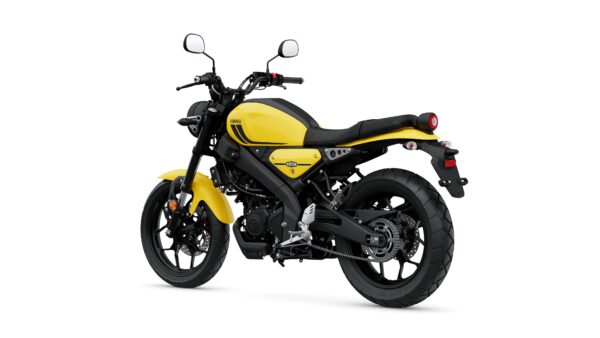 A yellow motorcycle is displayed from a rear angle, showcasing its sleek design, black accents, and modern features.