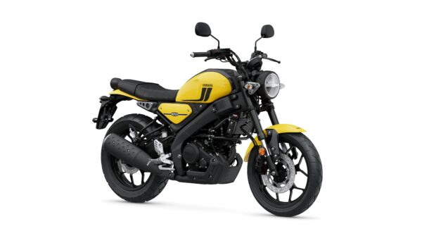 A stylish yellow Yamaha motorcycle with a modern design, featuring a round headlight, black seat, and sporty wheel rims, displayed against a clean white background.