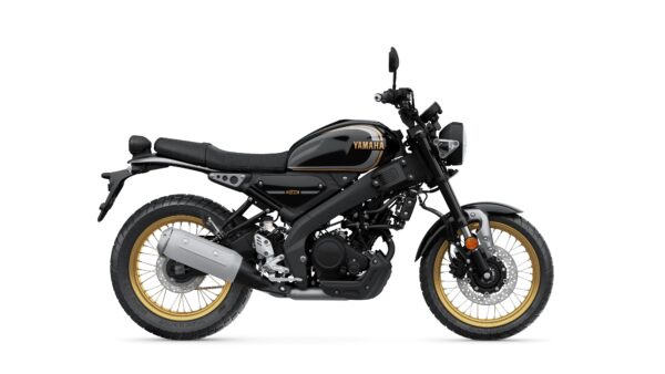 A sleek black Yamaha motorcycle with gold accents, displayed in profile. It features a low seat, rugged tires, and a modern design, showcasing a powerful engine and stylish front and rear wheels.