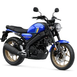 Yamaha 2024 XSR 125 A blue Yamaha motorcycle with a sleek design, featuring gold wheels, a minimalist seat, and a round headlight, positioned on a white background.