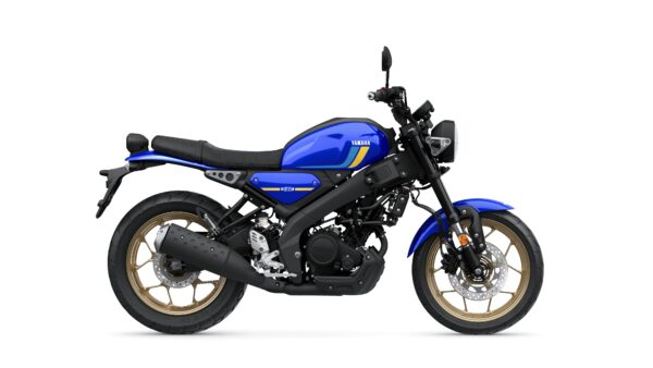 A blue Yamaha motorcycle with a sleek design, featuring a black seat, gold alloy wheels, and a modern headlight, is displayed against a white background.