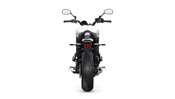A rear view of a modern motorcycle featuring a sleek design, prominent tail light, and wide rear tire, set against a white background.