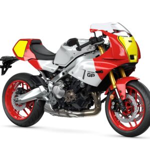 Yamaha 2024 XSR 900 GP A stylish motorcycle with a silver and red body, featuring yellow accents, a sporty design, and modern elements, positioned against a white background.