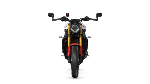 A front view of a sleek motorcycle with a distinctive headlight, black handlebars, and gold front forks, set against a white background.