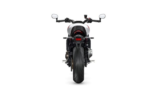 A rear view of a modern motorcycle featuring a sleek design, prominent rear tire, and dual mirrors on the handlebars against a white background.