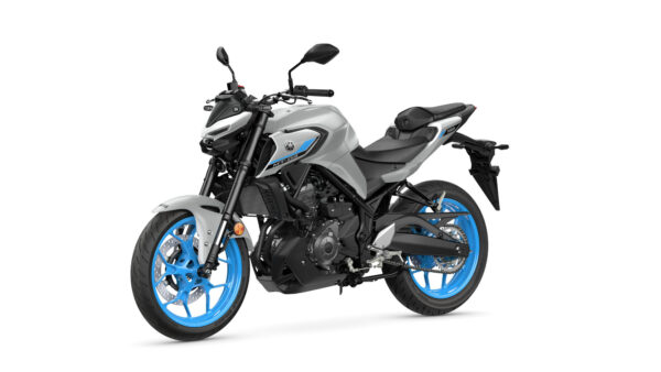A silver and black modern motorcycle with blue wheels, showcasing a sporty design, positioned on a white background.