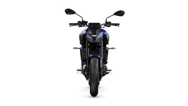 A front view of a modern motorcycle featuring a sleek design, dark body with blue accents, and prominent headlights.