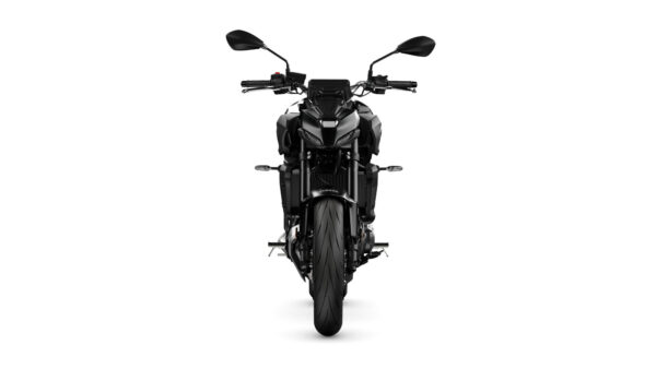 A front view of a sleek, black motorcycle with a modern design, showcasing its headlights, handlebars, and a prominent front tire against a white background.