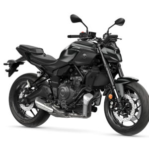 Yamaha 2025 MT-07 A sleek black Yamaha MT-07 motorcycle, featuring a sporty design, prominent front headlight, and modern styling, positioned on a white background.
