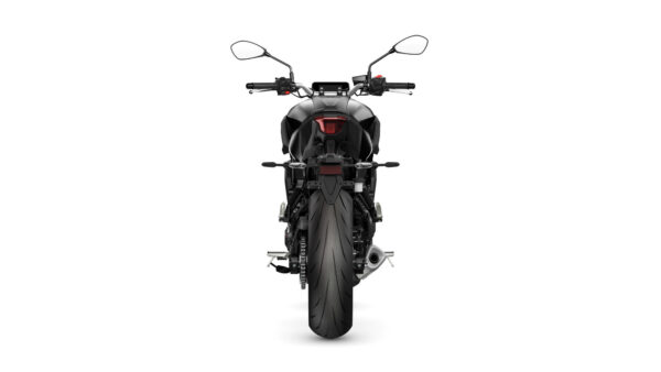 A sleek black motorcycle viewed from the rear, showcasing its large rear tire, rear lights, and handlebars. The background is plain white, emphasizing the bike's design.