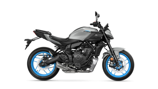 A sleek, gray Yamaha motorcycle with blue wheels, showcasing a modern design and sporty features, positioned against a white background.