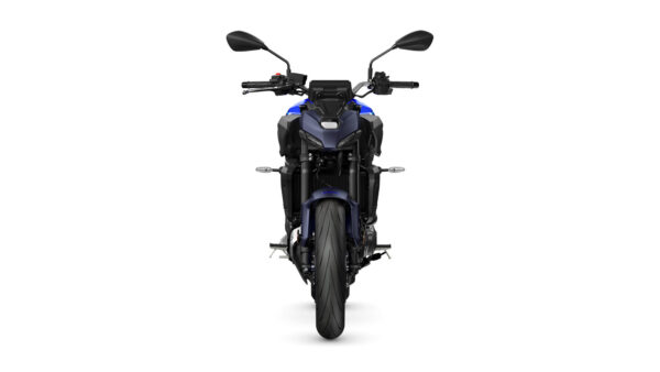Front view of a sleek, modern motorcycle with a black and blue color scheme, featuring a distinctive headlight design, handlebars, and a wide tire.