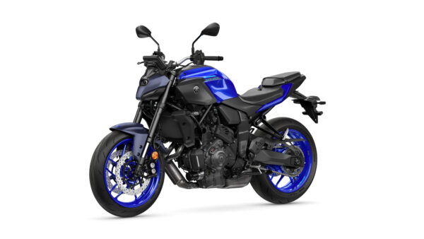 A blue and black Yamaha MT-07 motorcycle, showcasing a sleek naked bike design with sporty features and alloy wheels.
