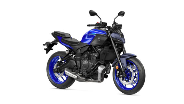 Yamaha 2025 MT-07 Y-AMT A blue and black Yamaha MT-07 motorcycle is shown from the side, showcasing its sleek design, aggressive stance, and modern features including sport tires and a minimalist seat.