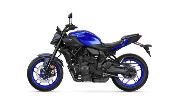 A blue and black Yamaha MT-07 motorcycle, viewed from the right side, showcasing its sporty design, alloy wheels, and modern frame.