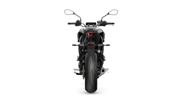 A sleek black motorcycle viewed from the rear, showcasing its wide rear tire, tail light, and handlebars with mirrors.