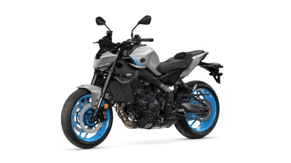 A modern motorcycle with a gray body, black frame, and blue wheels, showcasing its sporty design against a white background.