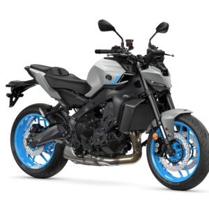 Yamaha 2025 MT-09 A sleek gray motorcycle with blue wheels and black accents, showcasing modern design and sporty features, positioned at a slight angle to the right against a white background.