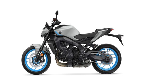 A sleek, modern motorcycle with a gray body and blue accents, showcasing a sporty design and performance features, viewed from the side.