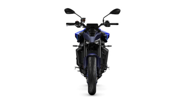 A front view of a modern motorcycle with sleek design and prominent blue accents, showcasing its headlight, handlebars, and front tire against a white background.