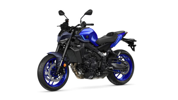 A sleek, modern motorcycle in a striking blue and black color scheme, featuring a sporty design, prominent headlights, and alloy wheels.