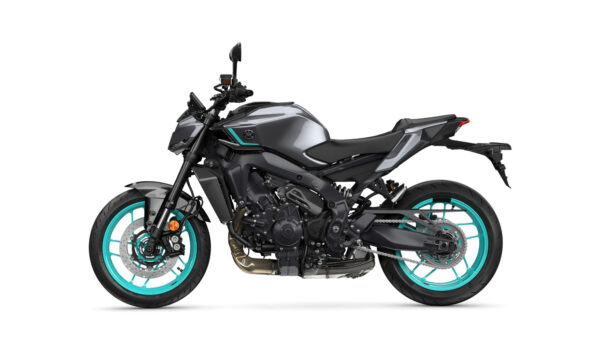 A sleek, modern motorcycle in matte gray with turquoise accents on the wheels and body, showcasing its sporty design and advanced features.