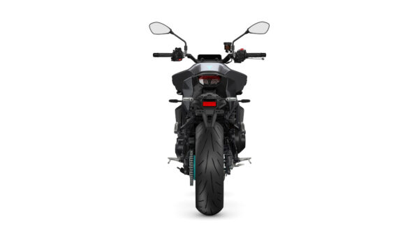 Black motorcycle viewed from the rear, showcasing its sleek tail design, large rear tire, and handlebars with controls.