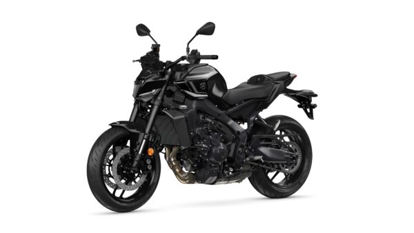 A sleek black motorcycle with a modern design, featuring a prominent front wheel, streamlined body, and ergonomic seating.