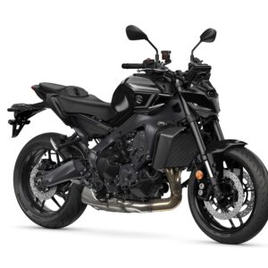 Yamaha 2025 MT-09-Y-AMT A sleek, black motorcycle with a modern design, featuring a prominent frame, sporty seat, high handlebars, and dual disc brakes on the front wheel.