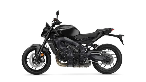 A sleek, black motorcycle with a modern design, featuring a prominent front wheel, dual exhaust, and a sporty frame, displayed against a white background.