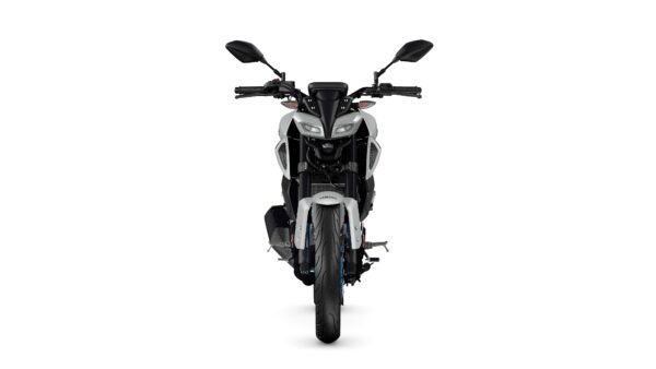 A front view of a modern motorcycle with a sleek design, featuring a white and black color scheme, distinct headlights, and a prominent wheel.