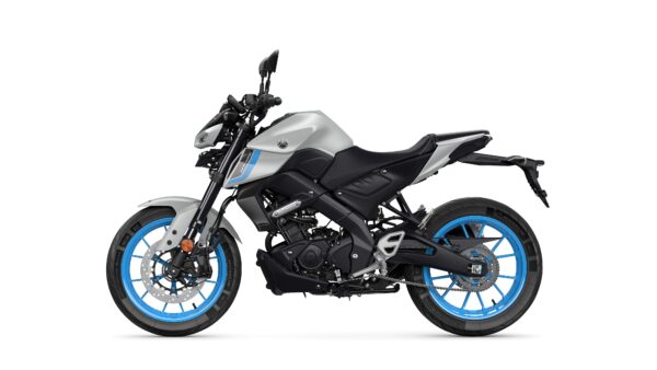 A sleek silver motorcycle with black and blue accents, featuring a sharp design, front disc brake, and modern styling, displayed against a white background.
