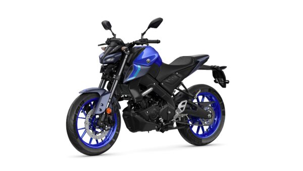 A sleek blue and black motorcycle with a modern design, featuring blue-accented wheels and a sporty appearance, positioned at an angle to showcase its front and side.